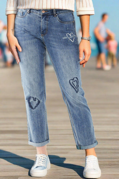 Heart Embroidered Girlfriend Ankle Jeans