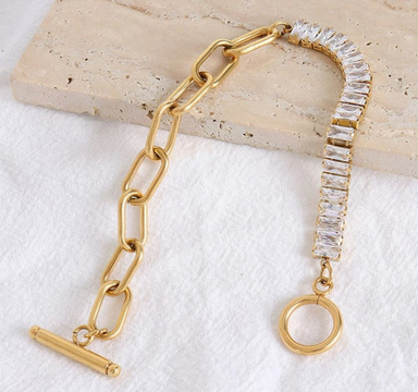 CZ Bagettes & Gold Paper Clip Bracelet