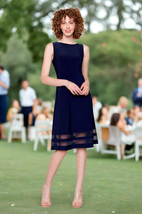 Navy Sleeveless Sheer Hem Dress