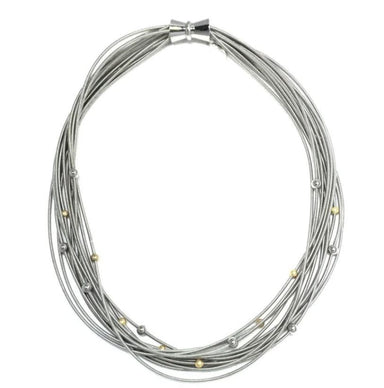 Silver Piano Wire Necklace with Silver & Gold Beads