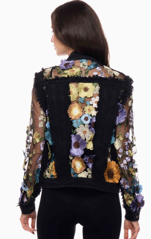 Black Denim Jacket With Flowers