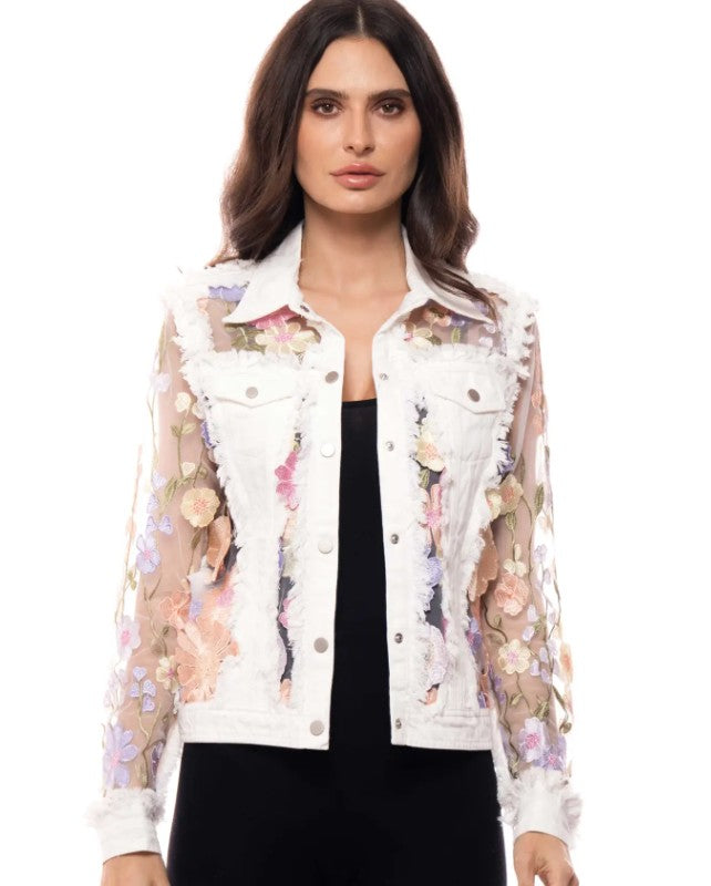 White Denim Jacket Pastel Flowers