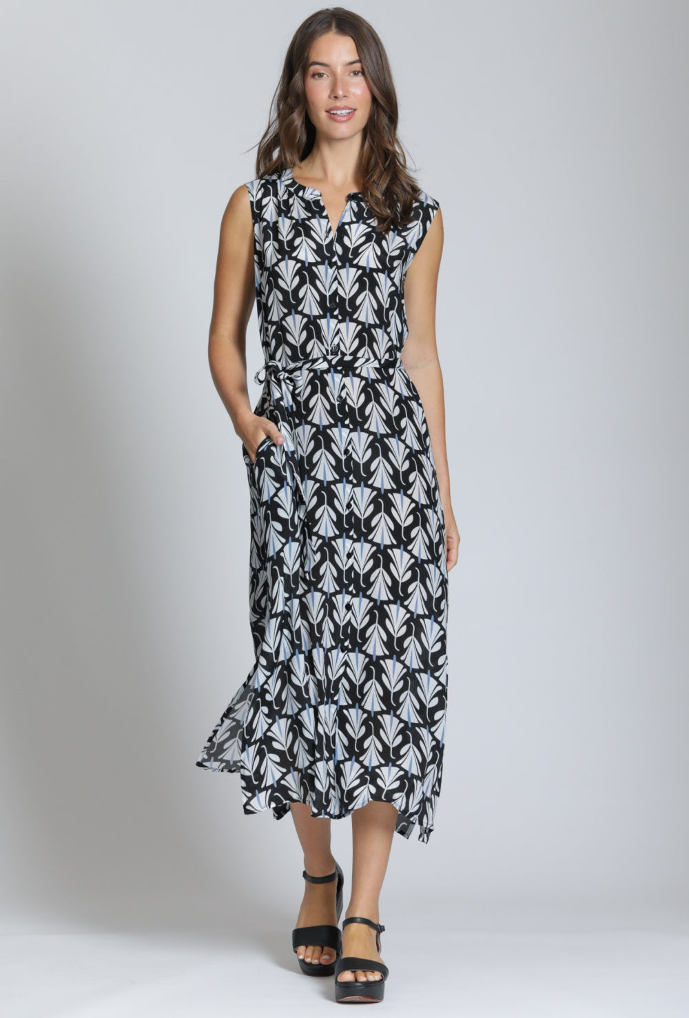 Navy & White Leaf Print Belted Dress