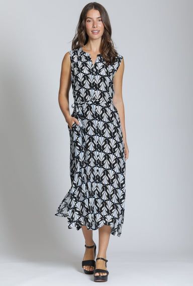 Navy & White Leaf Print Belted Dress