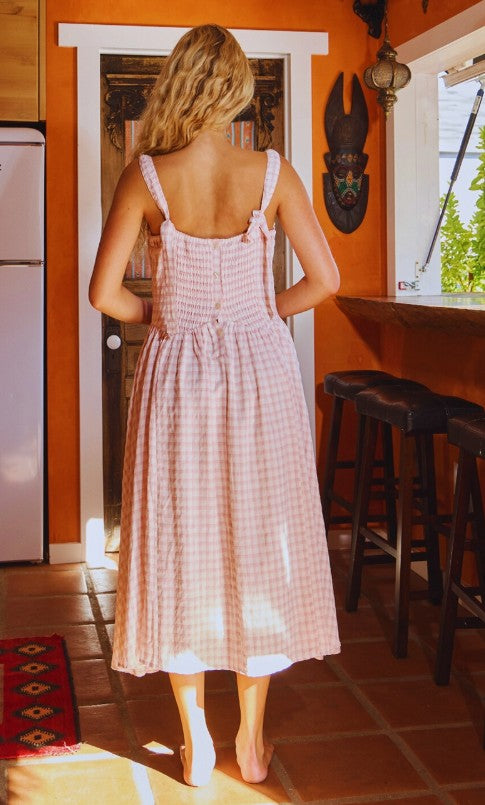 Smocked Check Midi Dress Pink