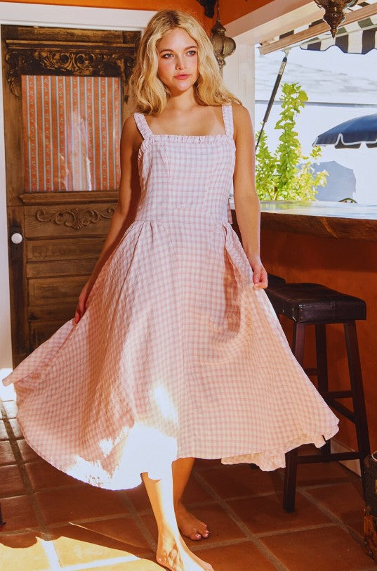 Smocked Check Midi Dress Pink