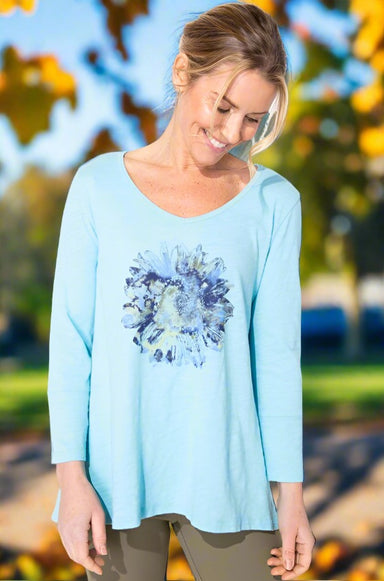 Sky Aqua Flower Stamped V-Neck Tee