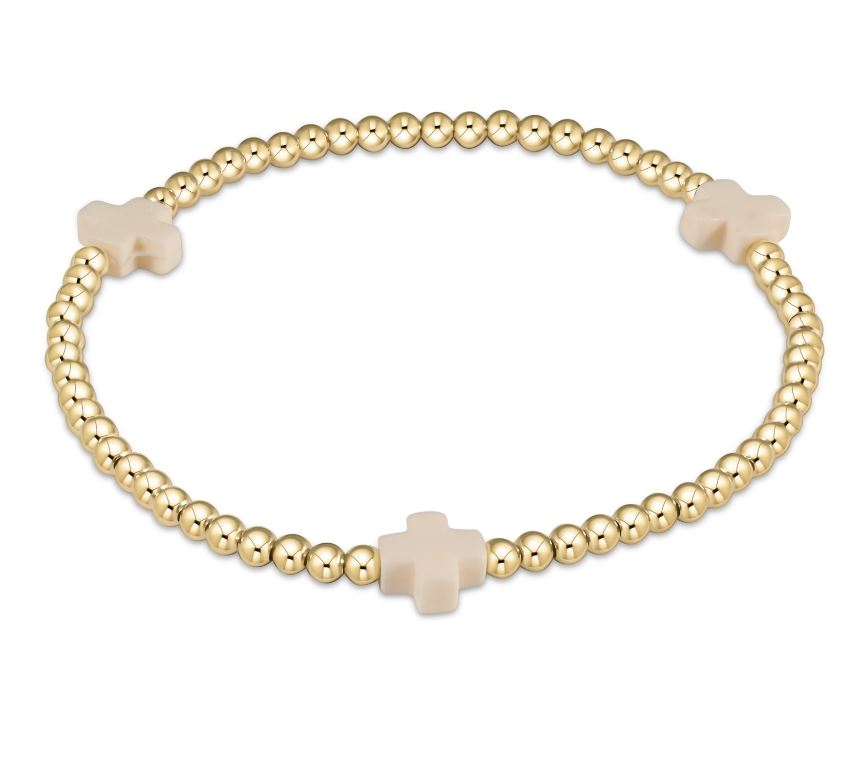 Sign. Cross Gold 3MM Bead Bracelet - Off White