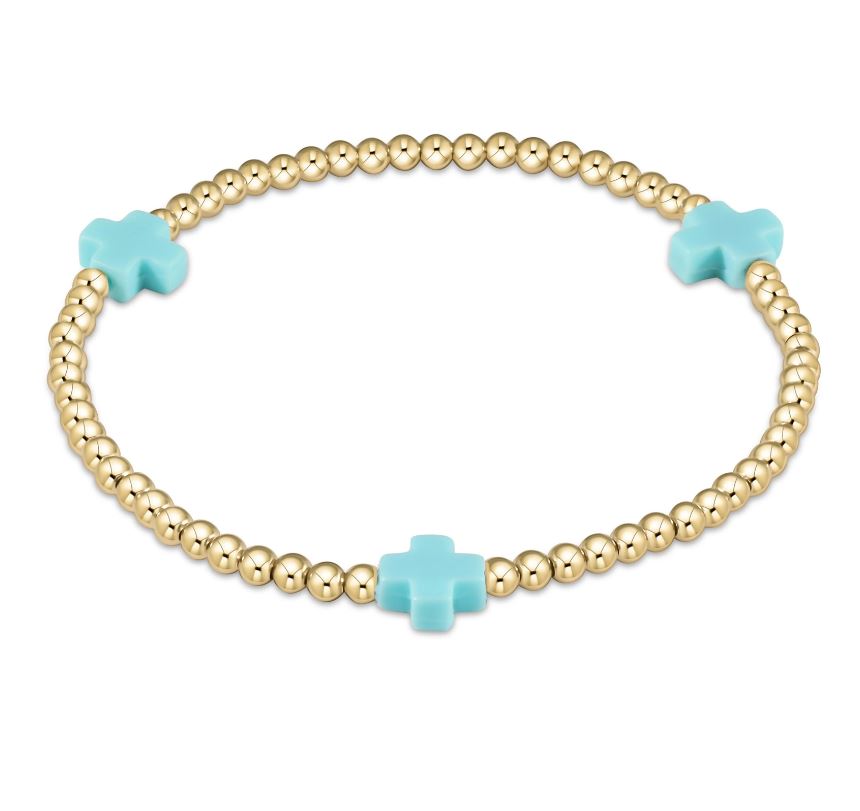 Sign. Cross Gold 3MM Bead Bracelet - Turquoise