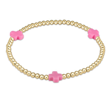 Cross Gold 3MM Bead Bracelet - Bright Pink