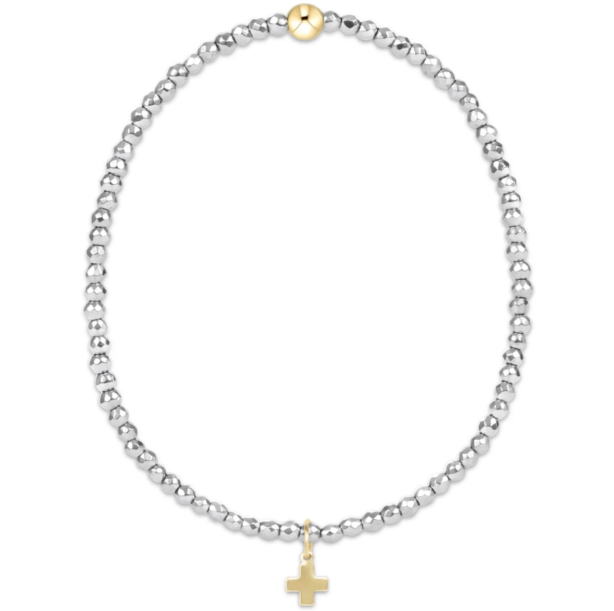 silver faceted hematite 2mm bead bracelet - signature cross gold charm