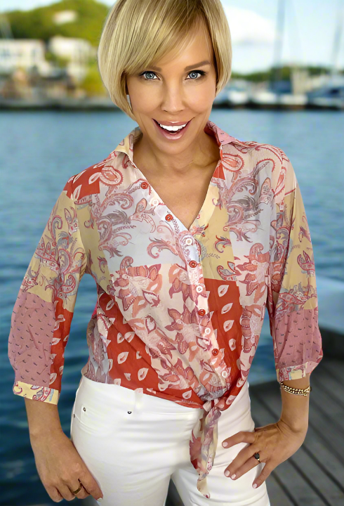 Red Multi Print Front Tie Top