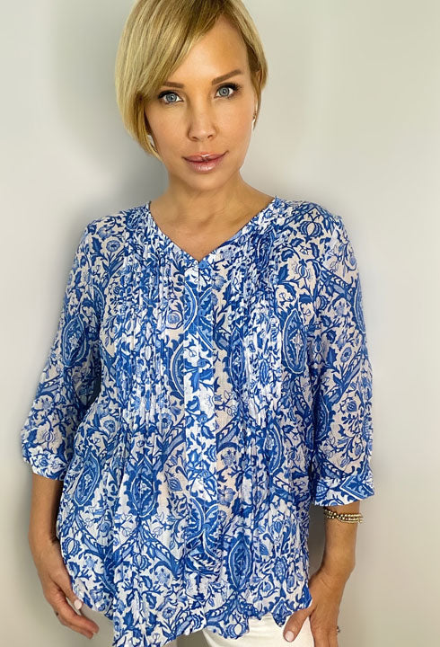 Blue & White Paisley Rayon Top