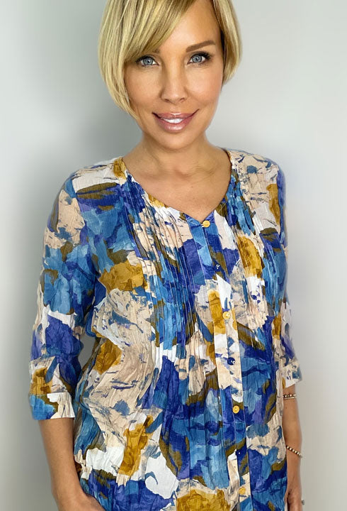 Blue Floral Print Rayon Top