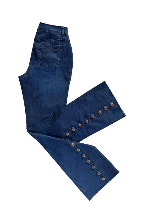 Medium Wash Button Hem Flare Jeans