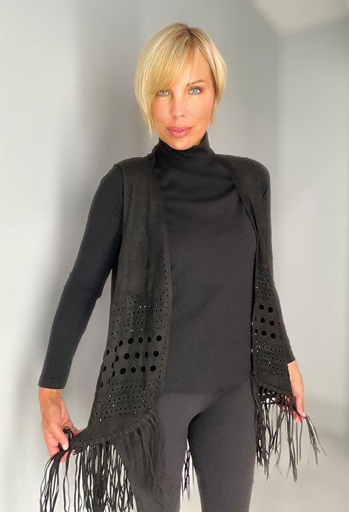 Black Faux Suede Fringe Vest