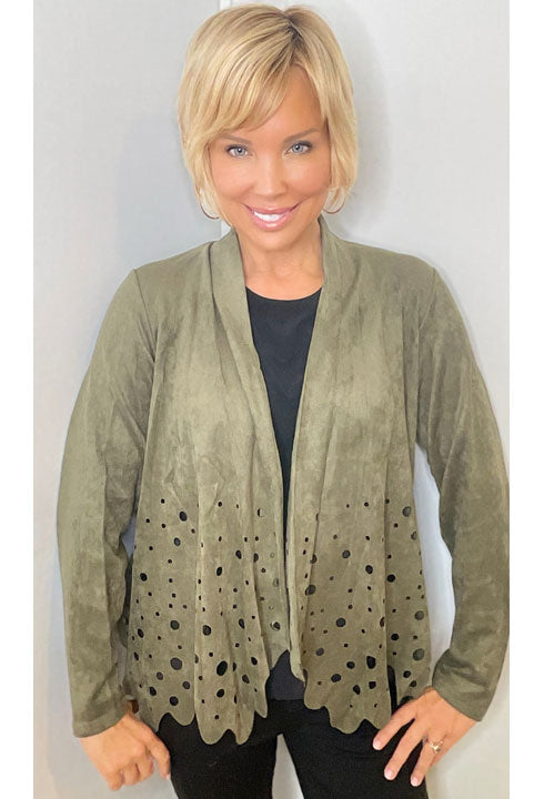 Olive Green Faux Suede Laser Cut Jacket