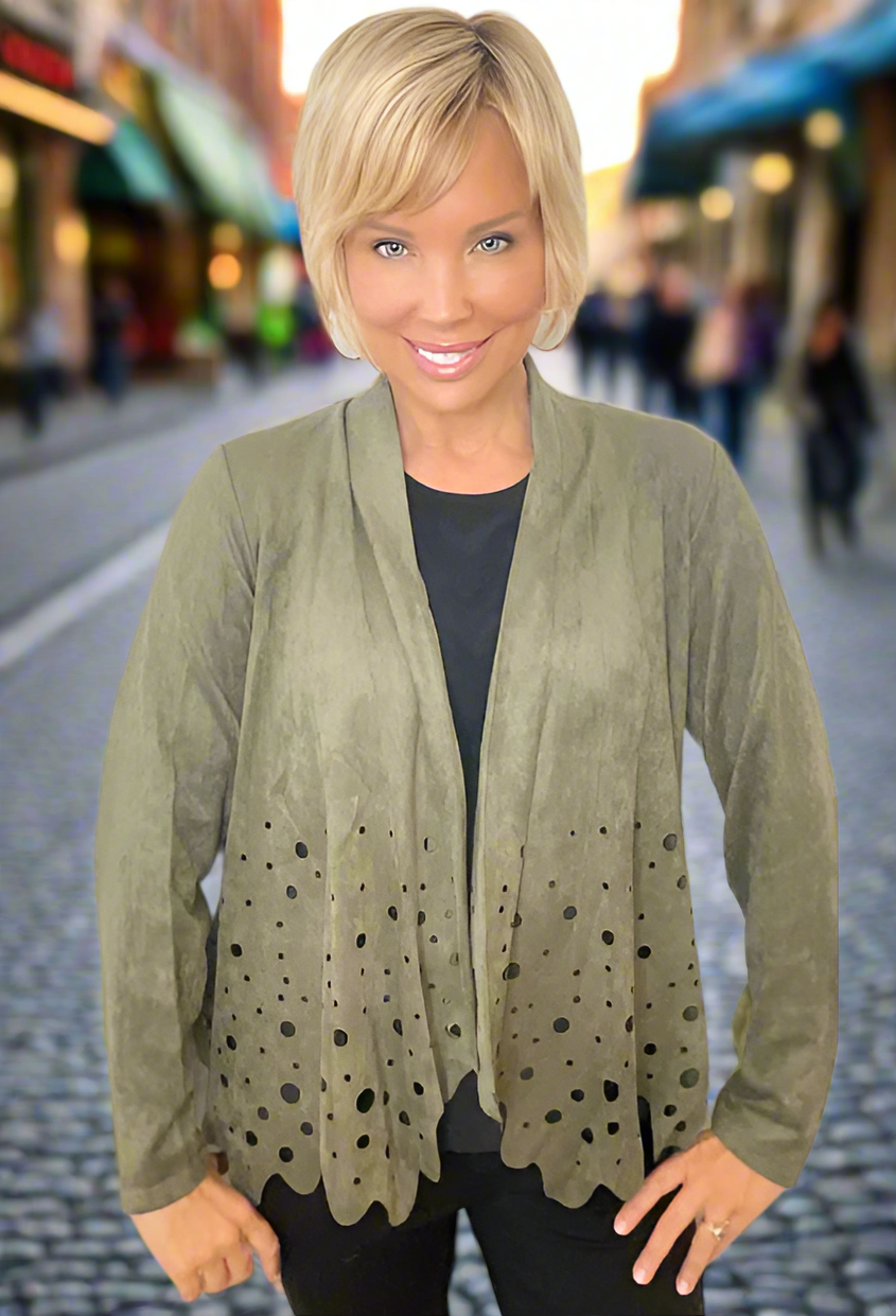 Olive Green Faux Suede Laser Cut Jacket