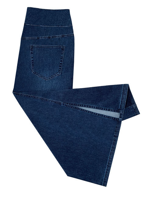 Medium Wash Pull On Denim Midi Skirt