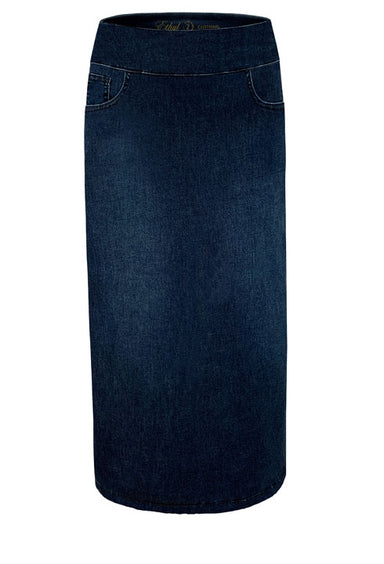 Medium Wash Pull On Denim Midi Skirt