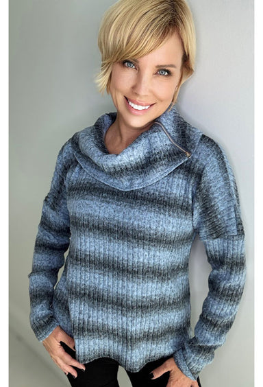 Zip Neck Blue Striped Cowl Neck