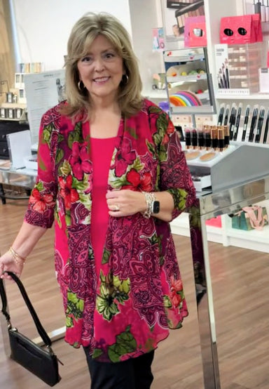 Red Floral Mesh Jacket & Fuchsia Tank