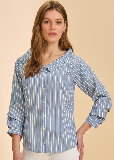 Portrait Collar Blue Striped Shirt