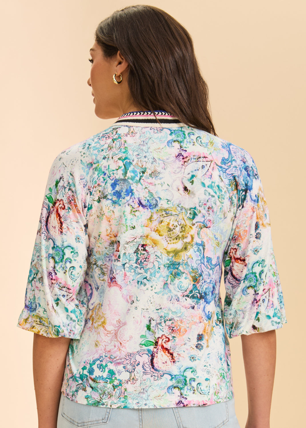 Split Neck Watercolor Print Top