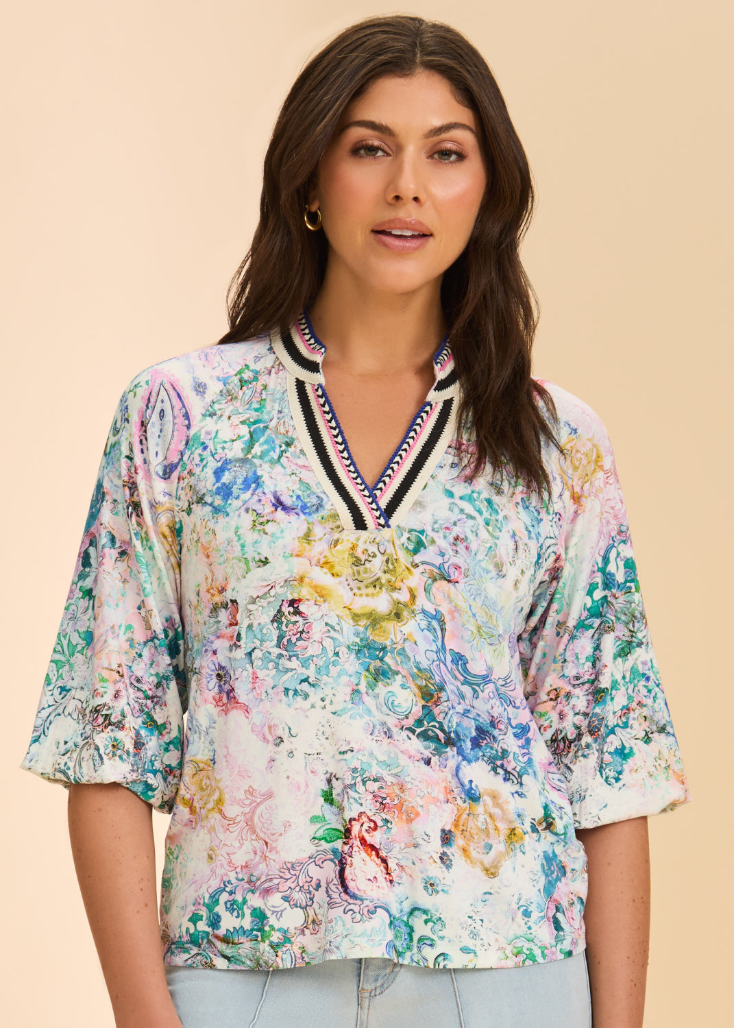 Split Neck Watercolor Print Top