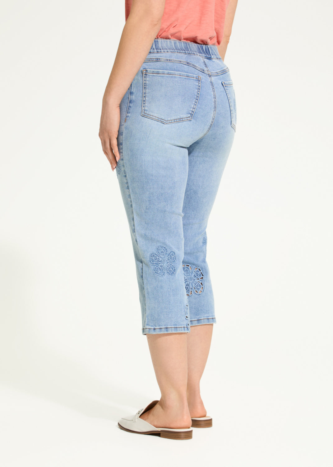 Pull On Embroidered Denim Capri Jeans
