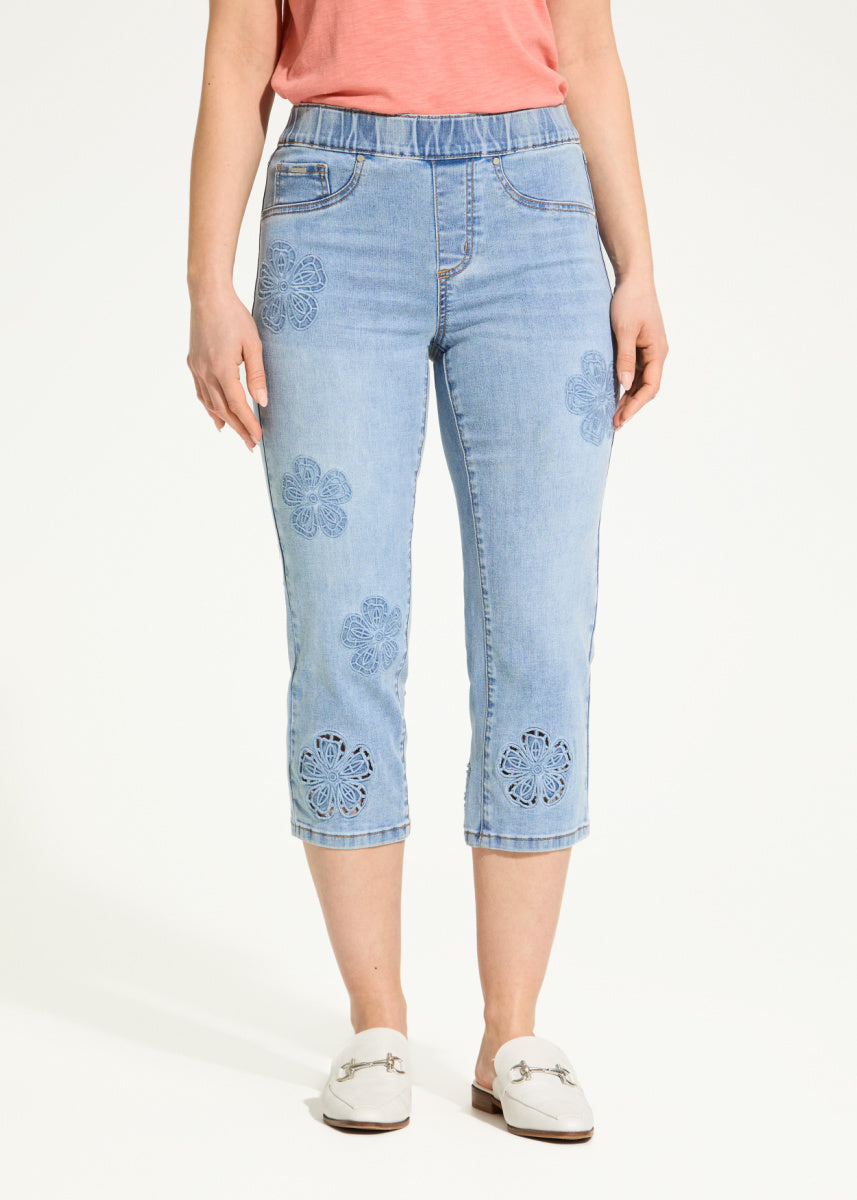 Pull On Embroidered Denim Capri Jeans