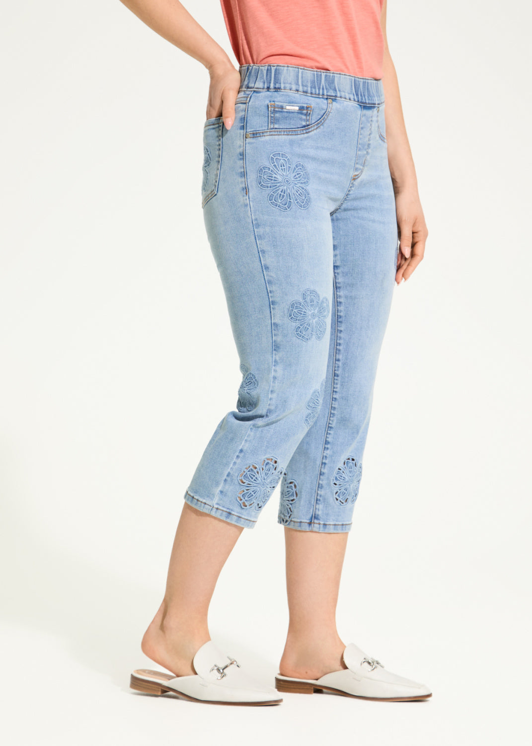 Pull On Embroidered Denim Capri Jeans