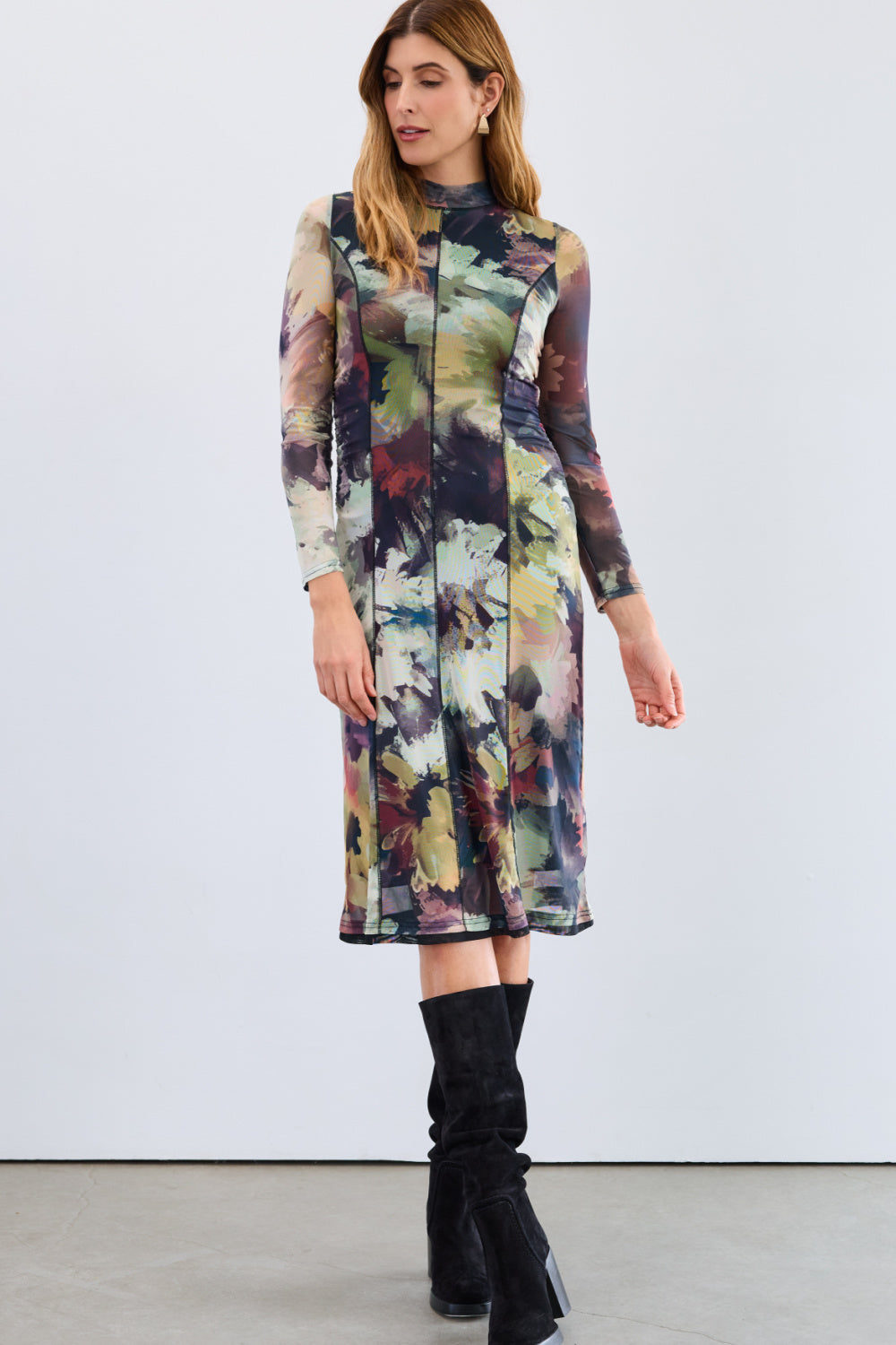 Abstract Floral Mesh Midi Dress