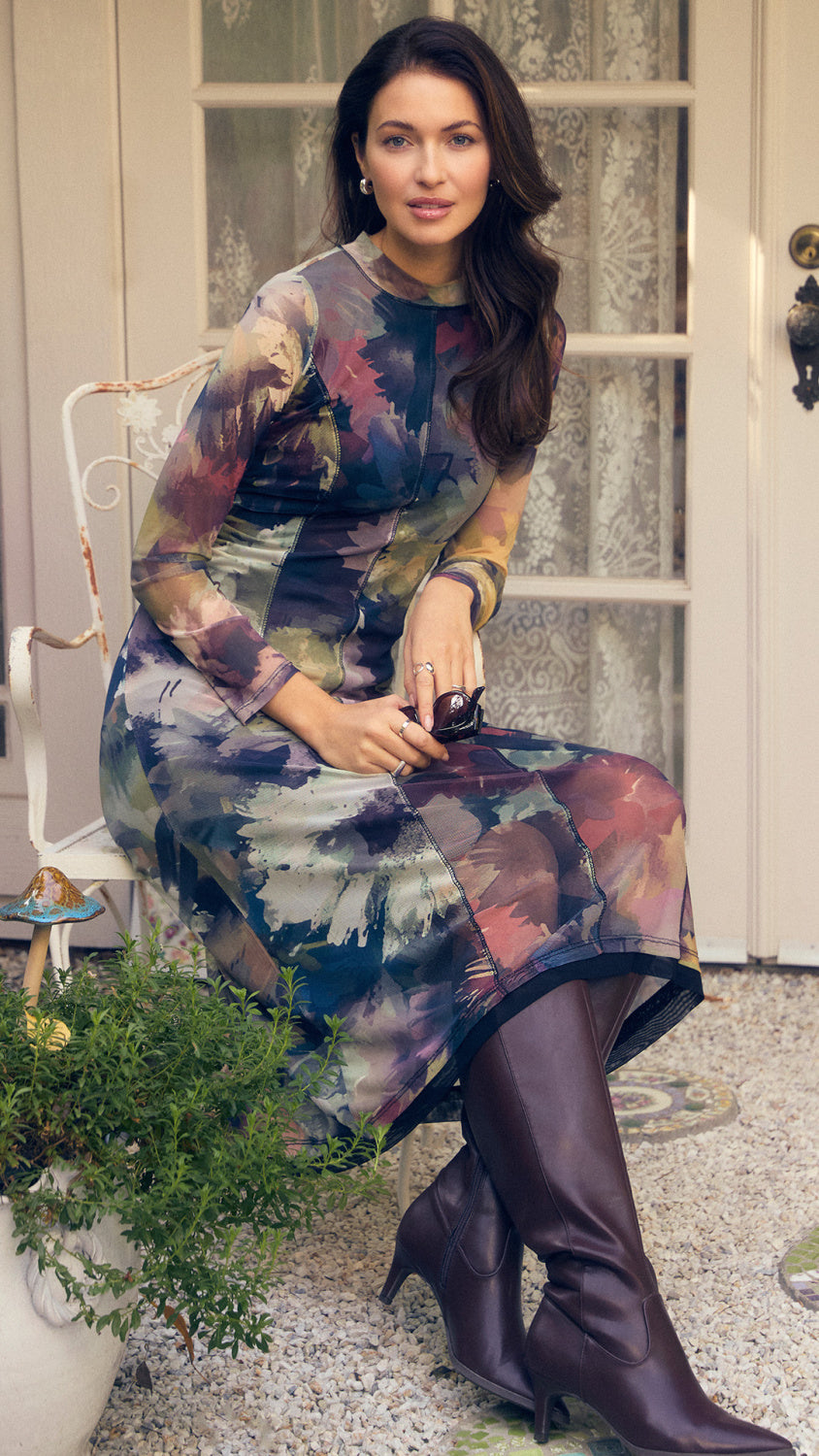 Abstract Floral Mesh Midi Dress