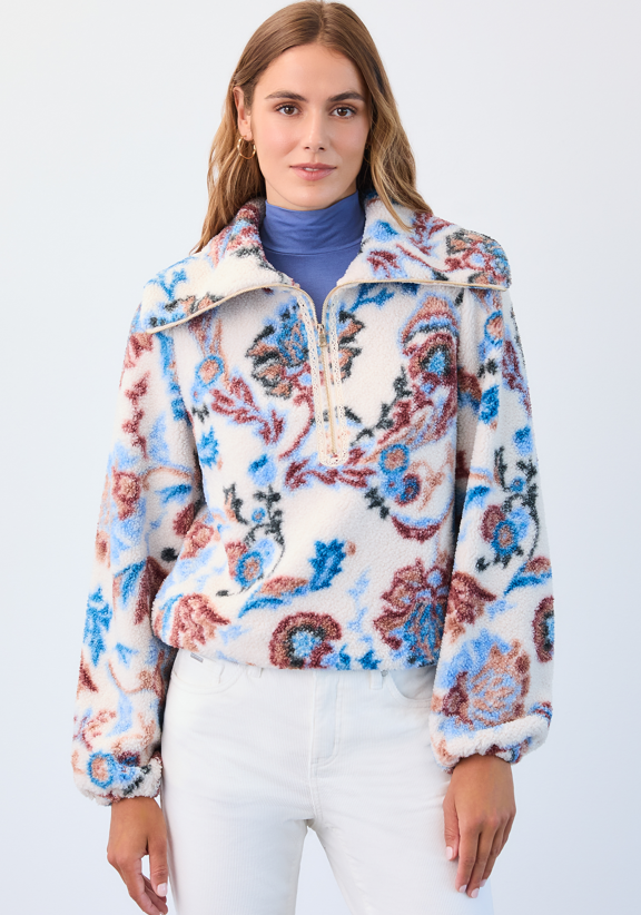 1/2 Zip Creme Damask Sherpa Popover Jacket