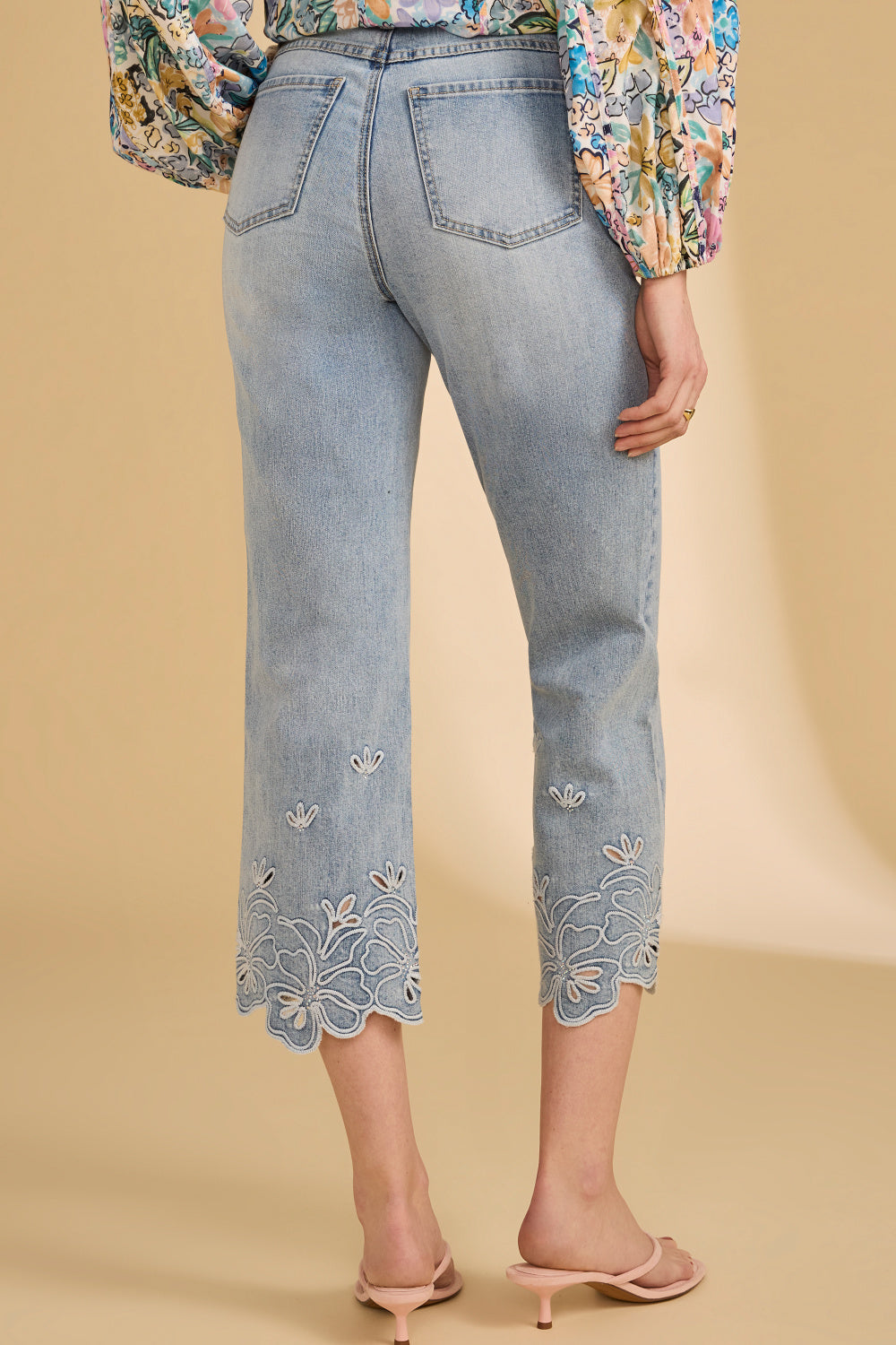 Embroidered Hem Light Wash Crop Jeans