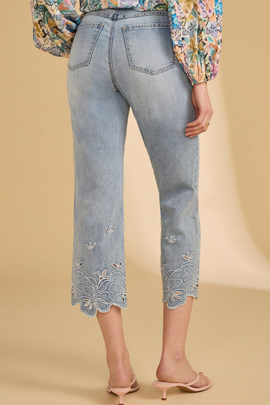 Embroidered Hem Light Wash Crop Jeans