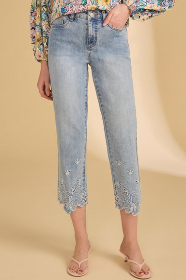 Embroidered Hem Light Wash Crop Jeans