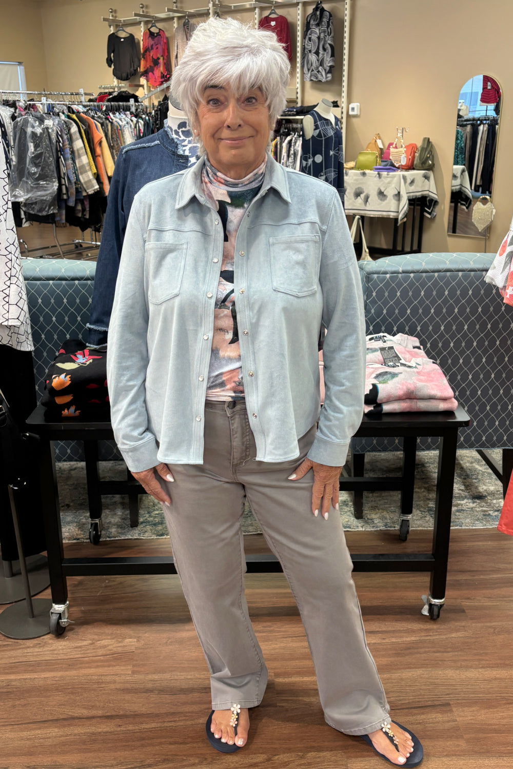FDJ Pale Blue Faux Suede Shirt Jacket | Pearl Snaps | 26" Length