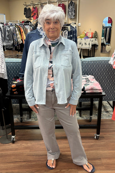 FDJ Pale Blue Faux Suede Shirt Jacket | Pearl Snaps | 26" Length
