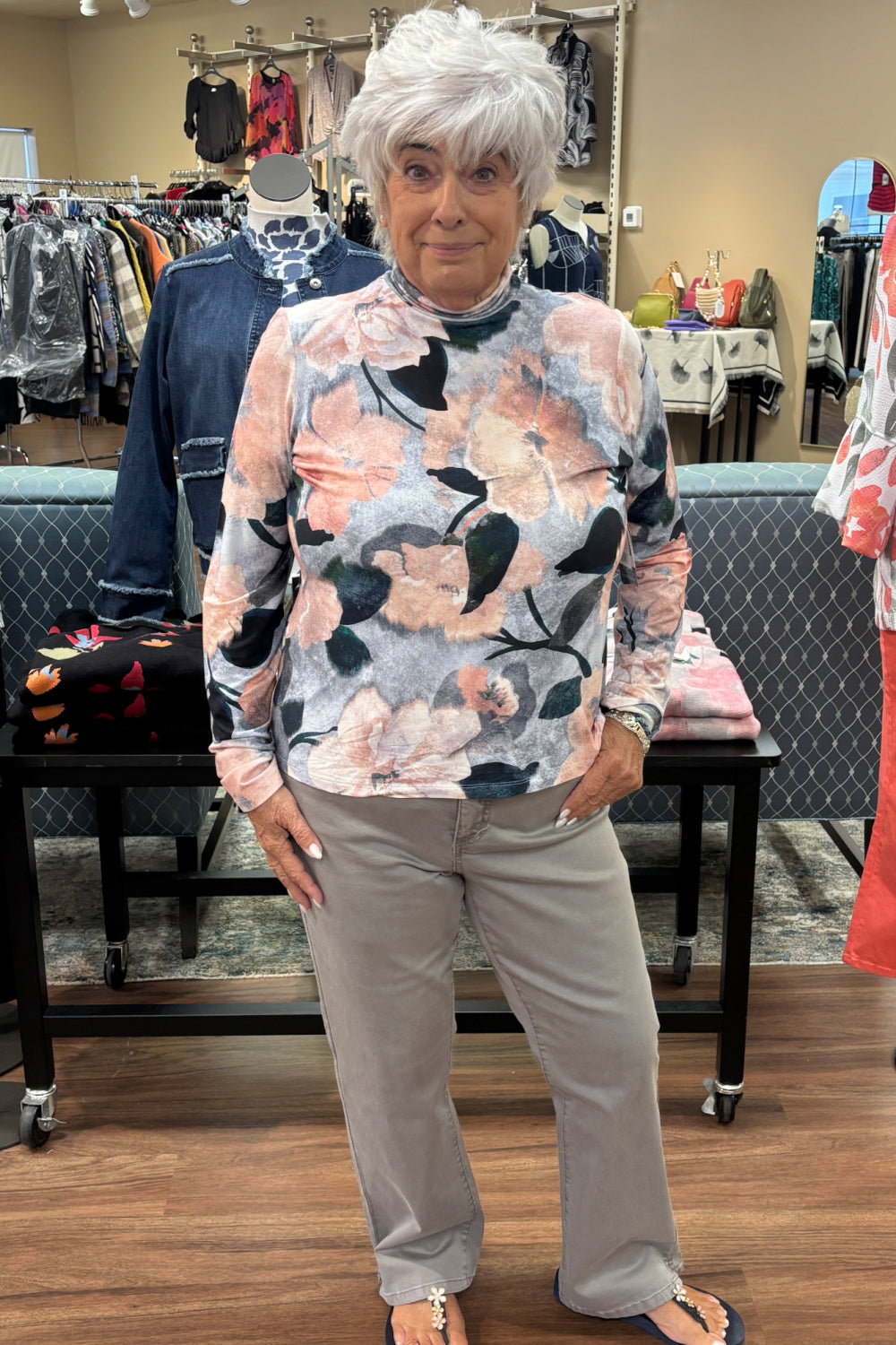 FDJ Floral Mock Neck Long Sleeve Top — Blue | Artist Print | Viscose Jersey