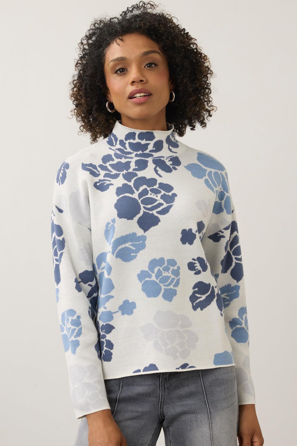 FDJ Indigo Floral Mock Neck Sweater | Jacquard Knit | 23" Length