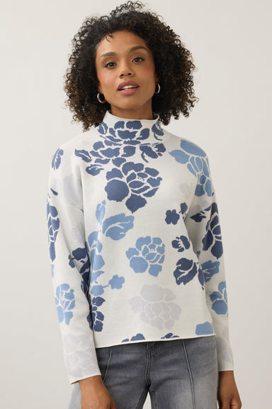FDJ Indigo Floral Mock Neck Sweater | Jacquard Knit | 23" Length