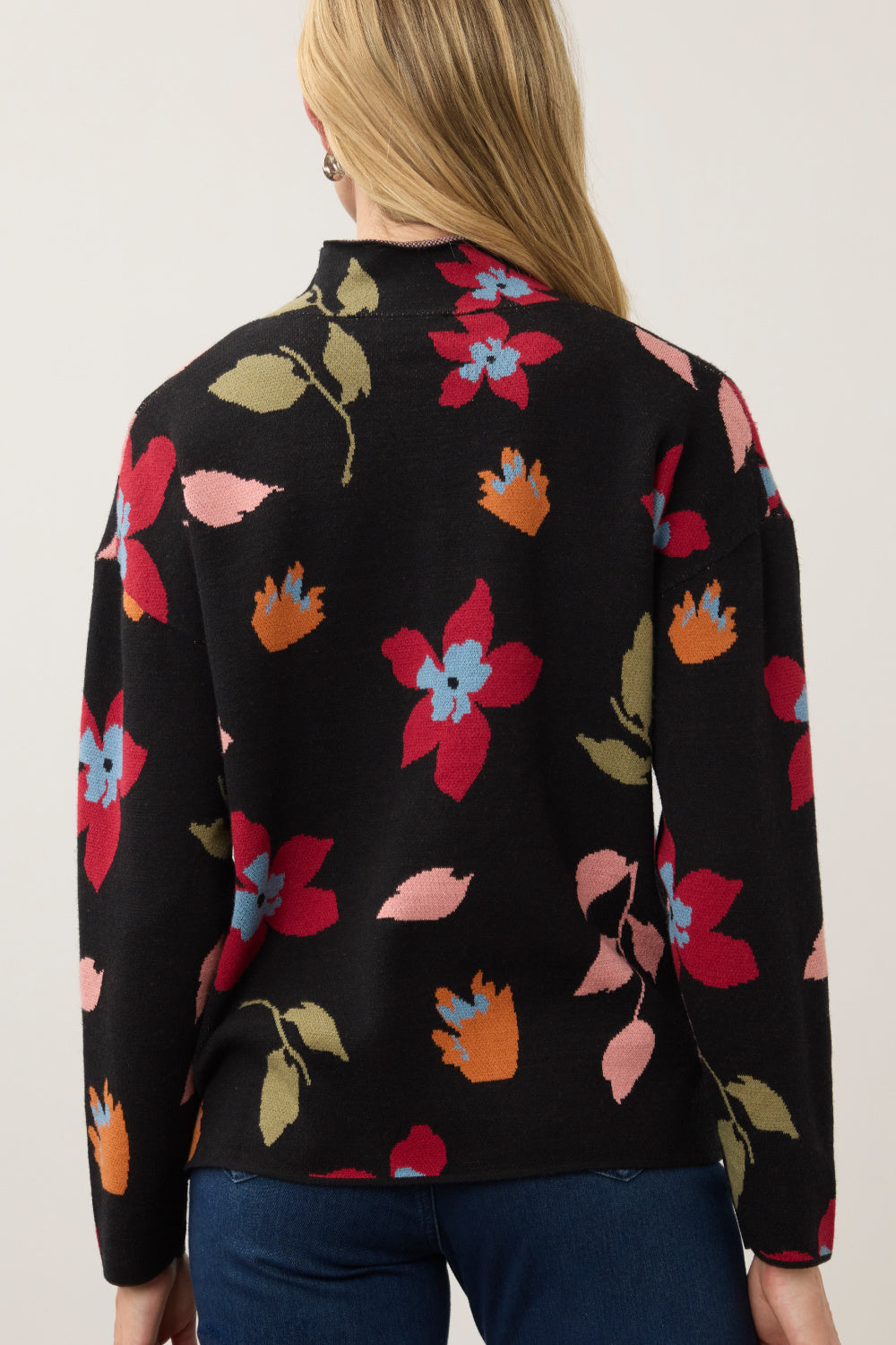FDJ Vibrant Floral Mock Neck Sweater — Black | Jacquard Knit | 23" Length