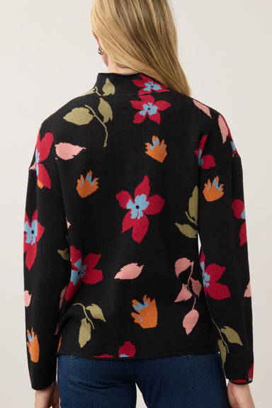 FDJ Vibrant Floral Mock Neck Sweater — Black | Jacquard Knit | 23" Length