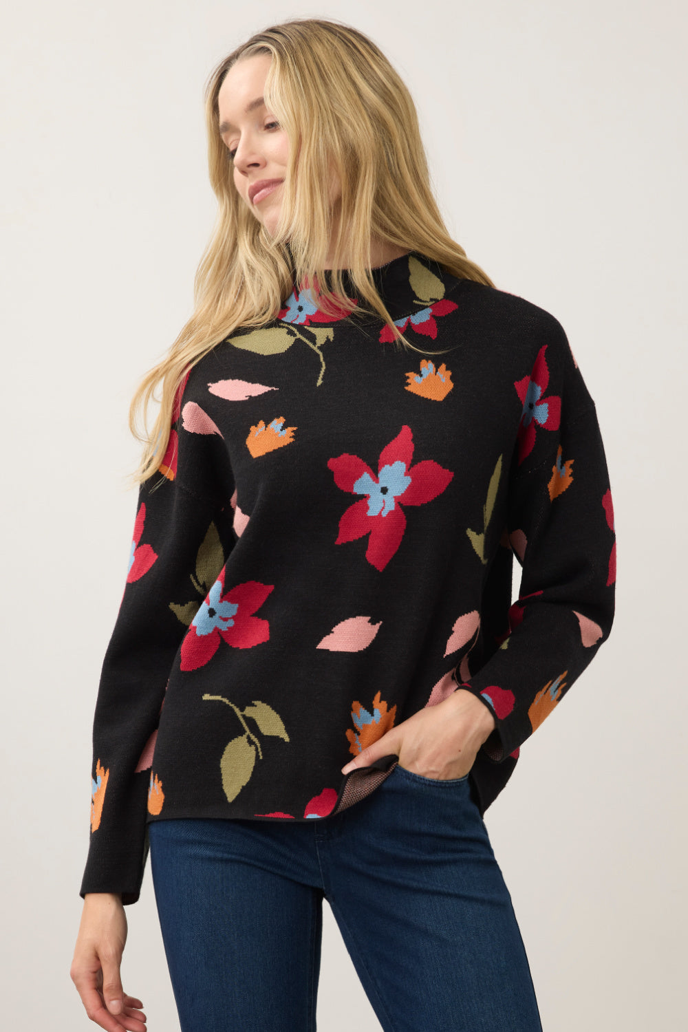 FDJ Vibrant Floral Mock Neck Sweater — Black | Jacquard Knit | 23" Length
