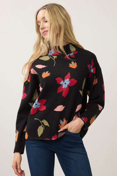 FDJ Vibrant Floral Mock Neck Sweater — Black | Jacquard Knit | 23" Length