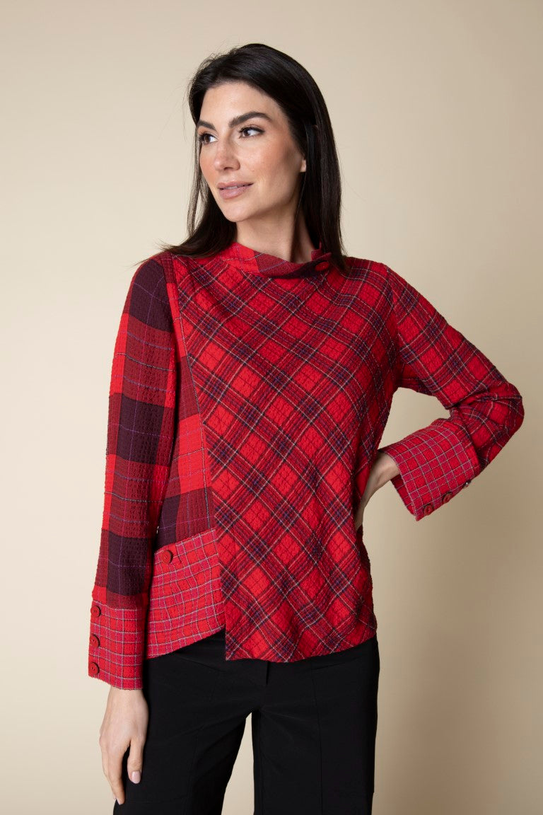 Apple Red Asymmetric Plaid Pullover