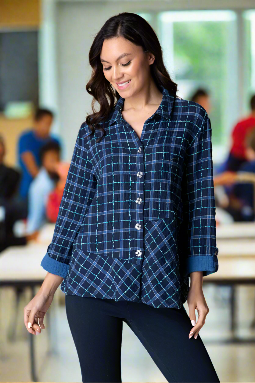 Navy Plaid Asymmetric Shirt