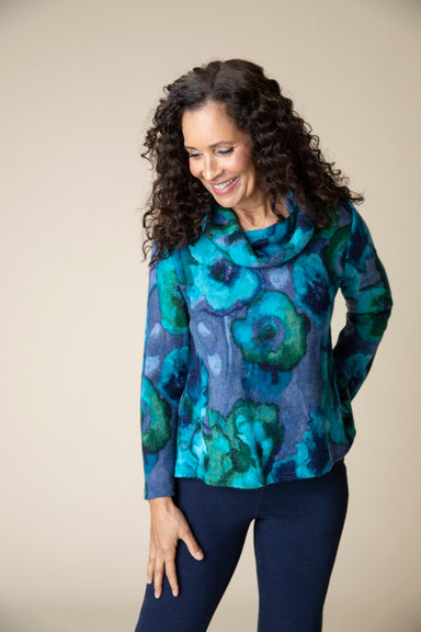 Cobalt Floral Print Cowl Sweater